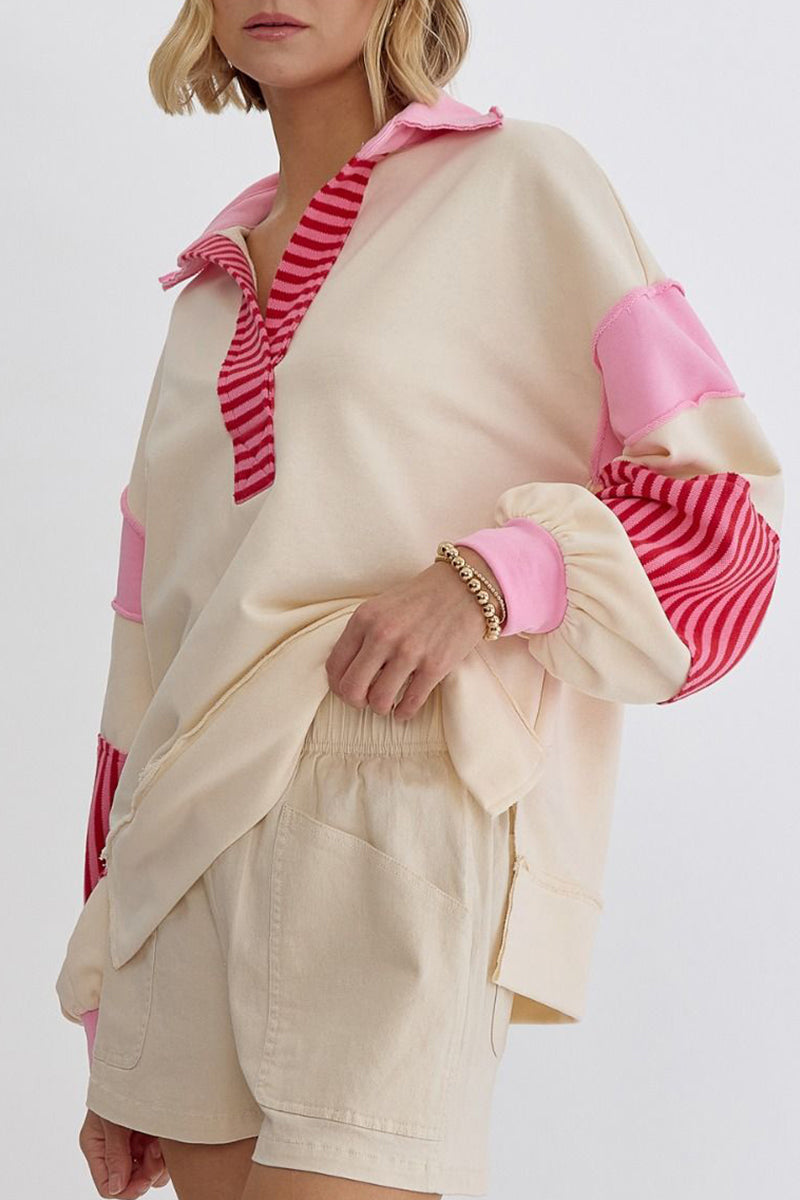 Casual Street Stripe Patchwork Contrast Turndown Collar Tops - Fashionpara
