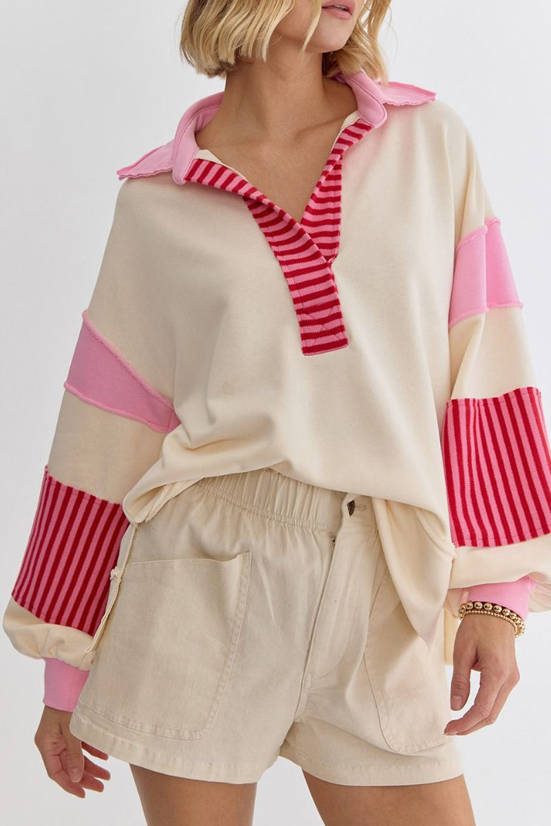 Casual Street Stripe Patchwork Contrast Turndown Collar Tops - Fashionpara