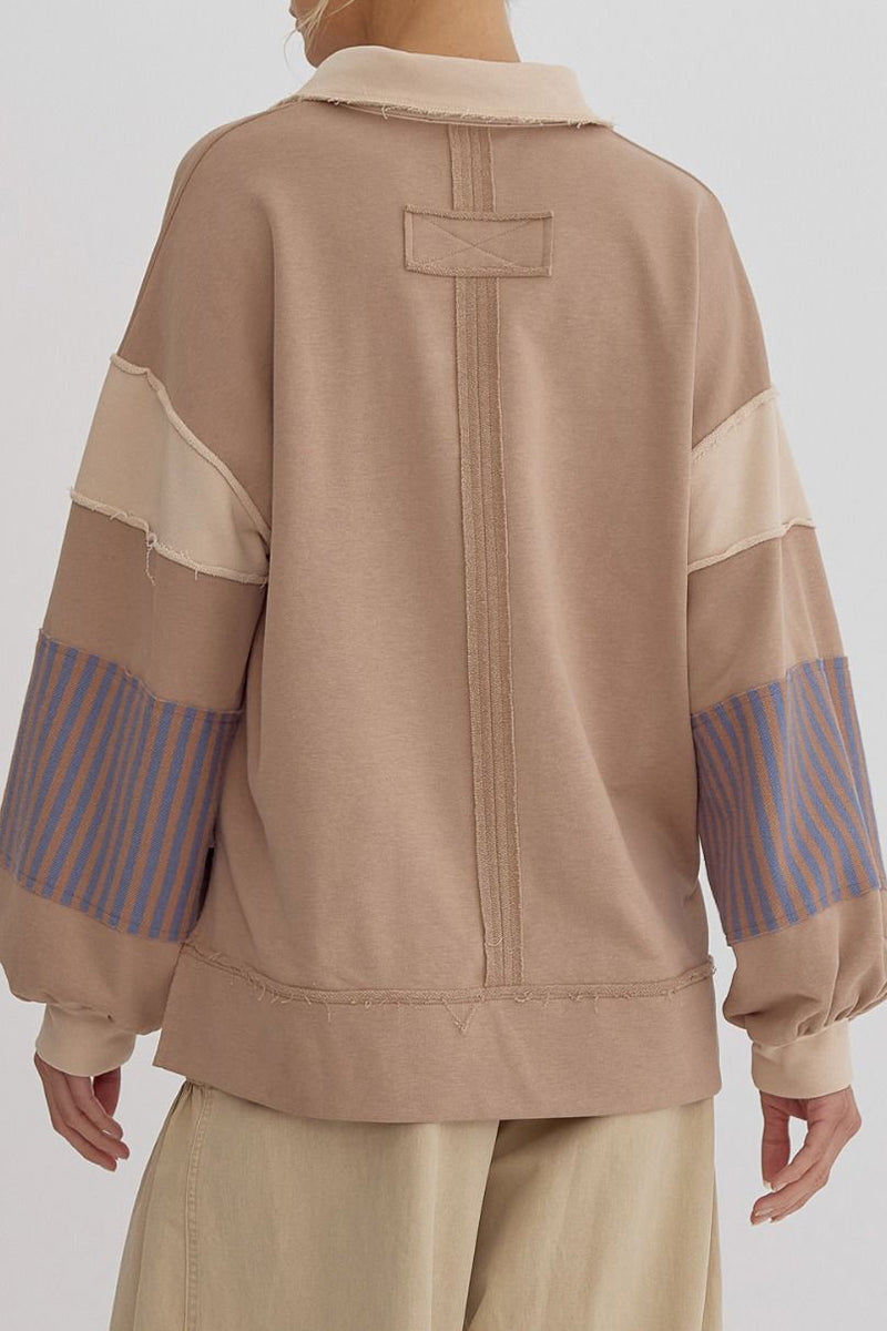 Casual Street Stripe Patchwork Contrast Turndown Collar Tops - Fashionpara