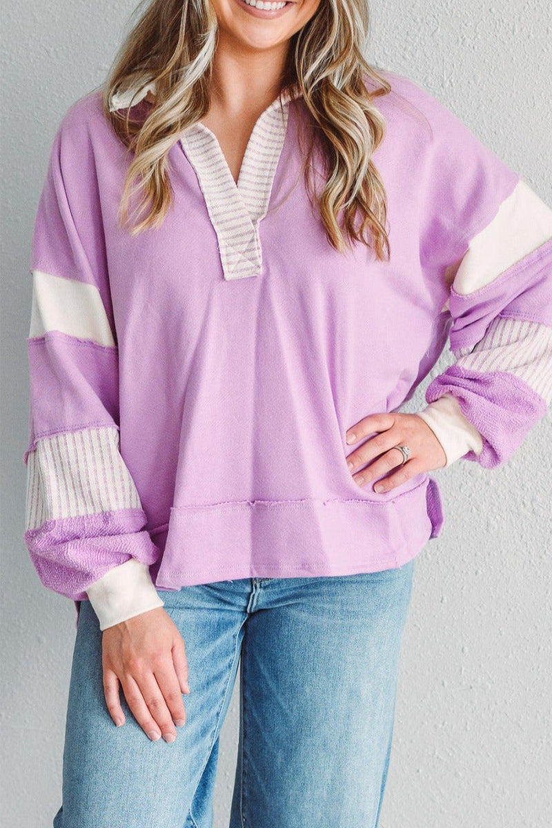 Casual Street Stripe Patchwork Contrast Turndown Collar Tops - Fashionpara