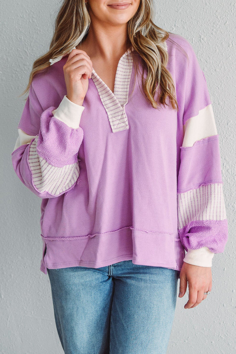 Casual Street Stripe Patchwork Contrast Turndown Collar Tops - Fashionpara