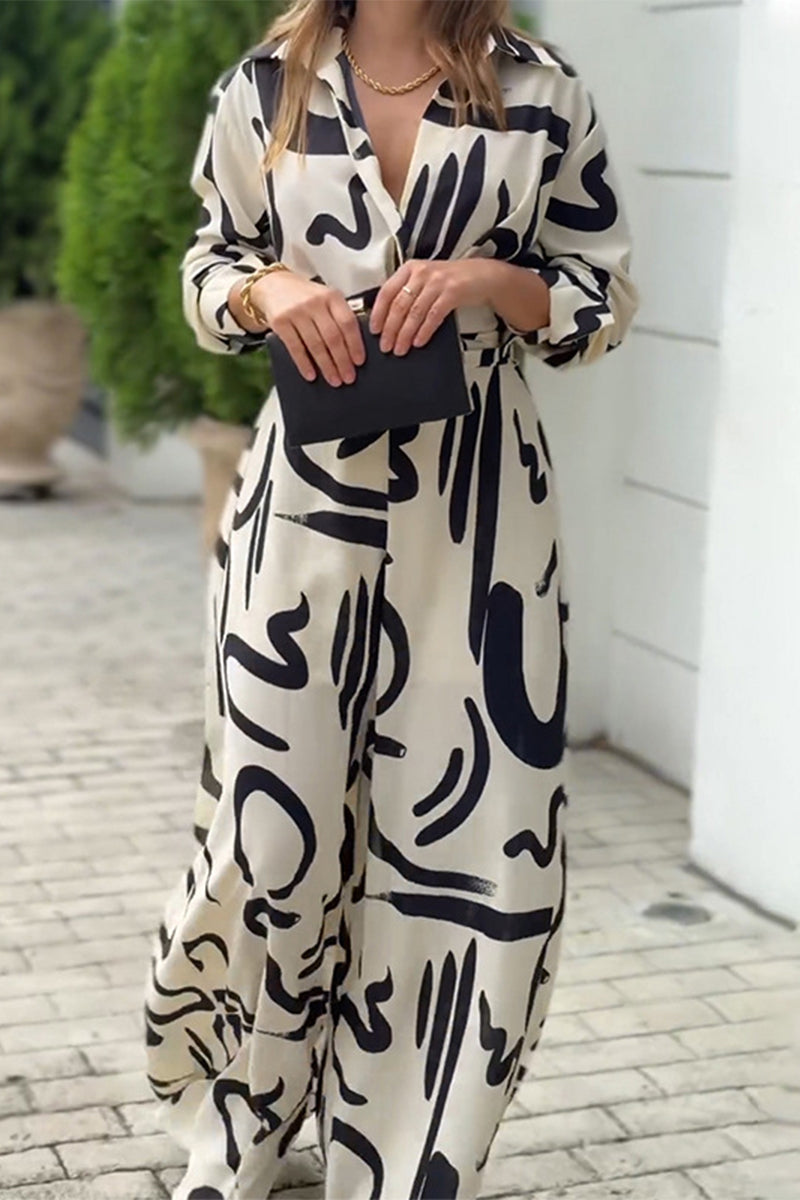 Casual Street Geometric Print Lace Up Turndown Collar Loose Jumpsuits - Fashionpara