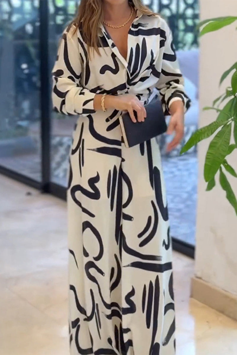 Casual Street Geometric Print Lace Up Turndown Collar Loose Jumpsuits - Fashionpara