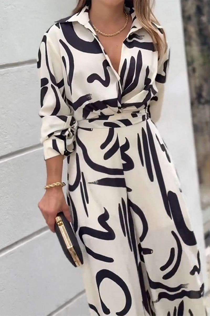 Casual Street Geometric Print Lace Up Turndown Collar Loose Jumpsuits - Fashionpara