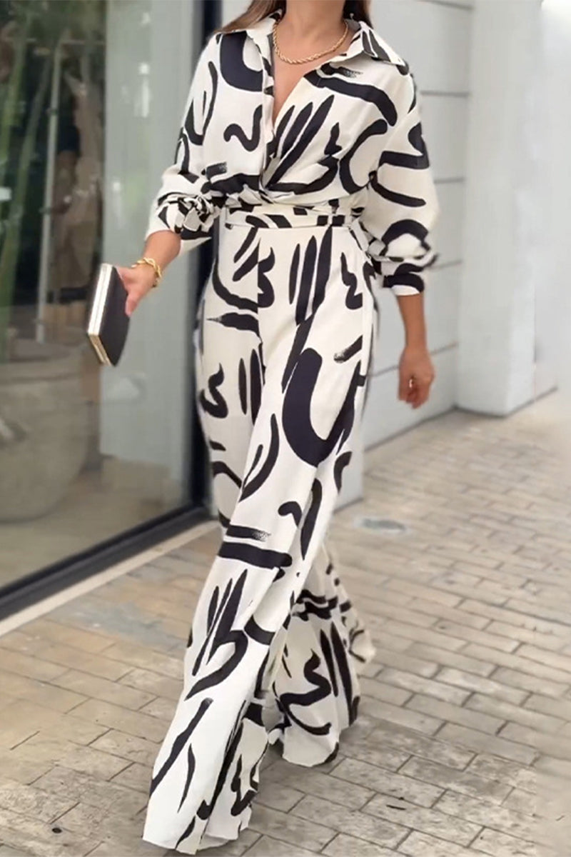 Casual Street Geometric Print Lace Up Turndown Collar Loose Jumpsuits - Fashionpara