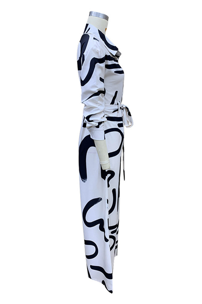 Casual Street Geometric Print Lace Up Turndown Collar Loose Jumpsuits - Fashionpara