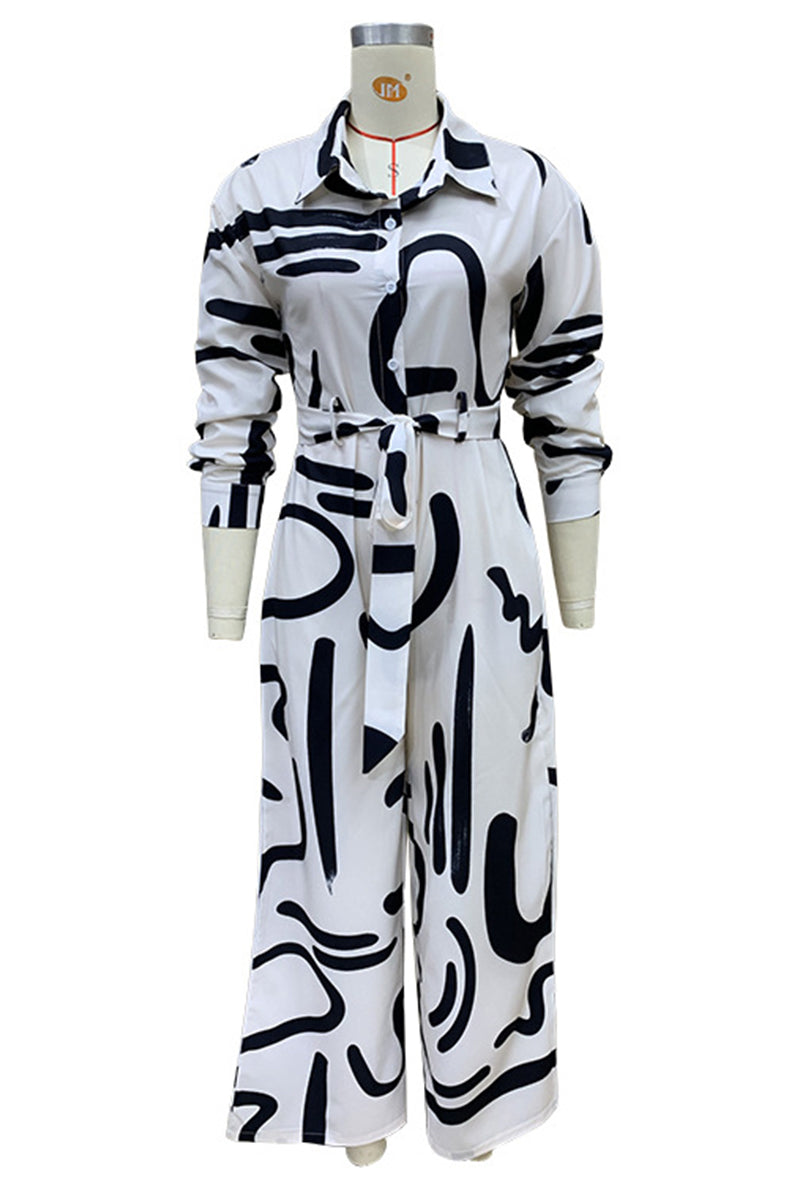 Casual Street Geometric Print Lace Up Turndown Collar Loose Jumpsuits - Fashionpara