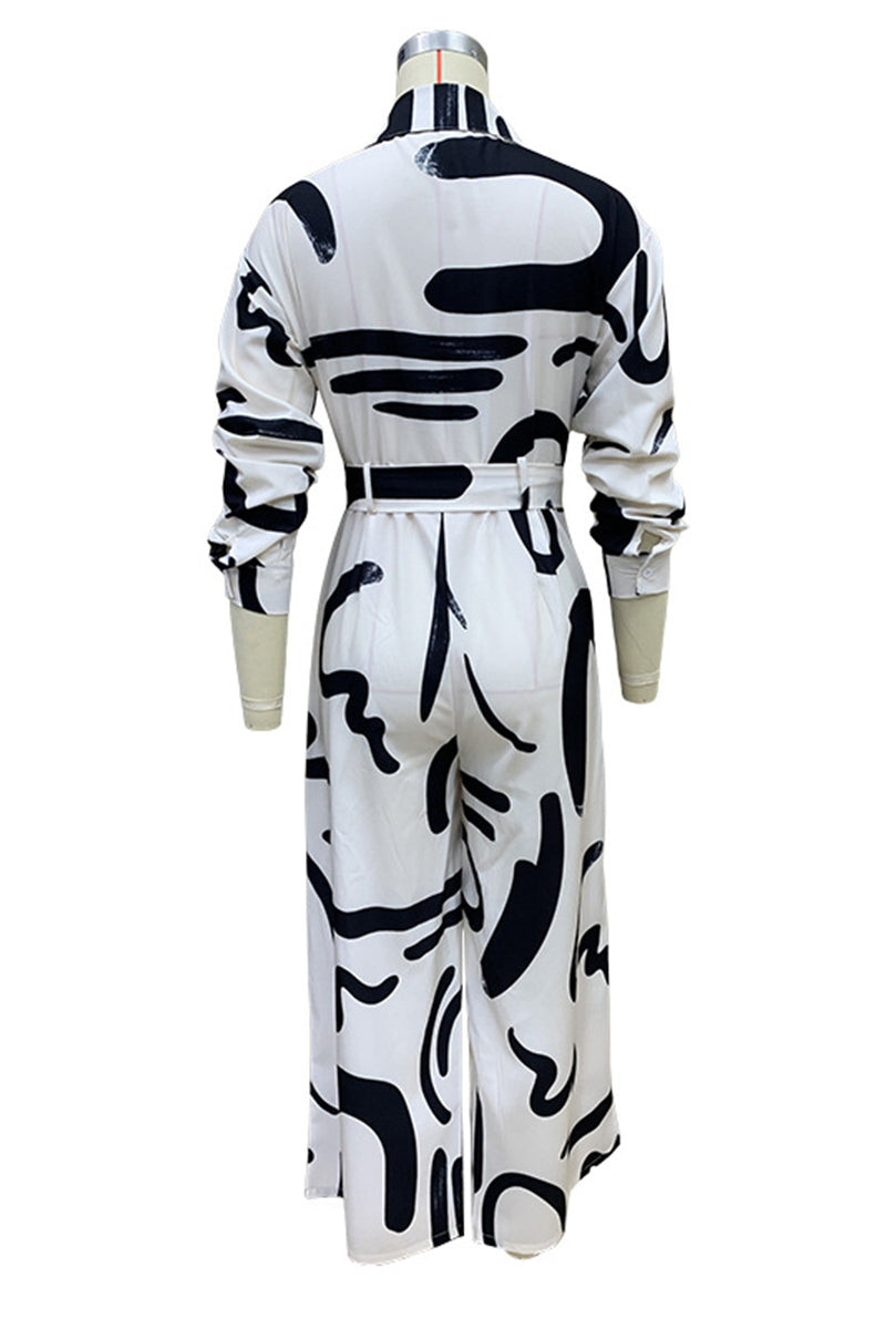 Casual Street Geometric Print Lace Up Turndown Collar Loose Jumpsuits - Fashionpara