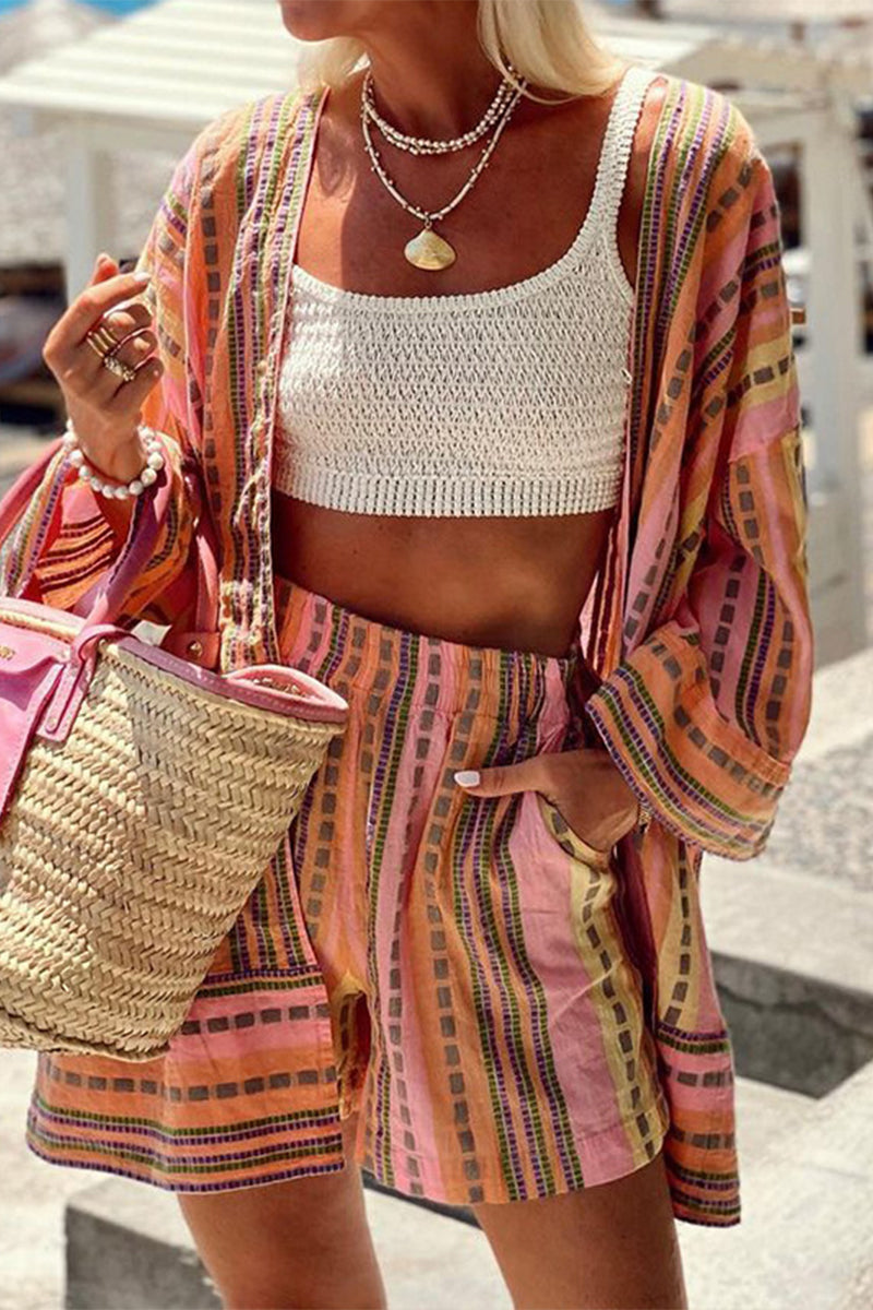 Flornana Casual Striped Pocket Cardigan Two-Piece Set