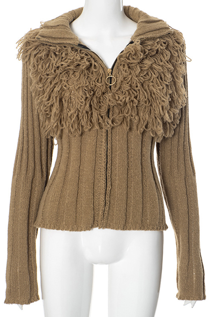 Fringed Trim Zipper Turtleneck Sweater for Effortless Style