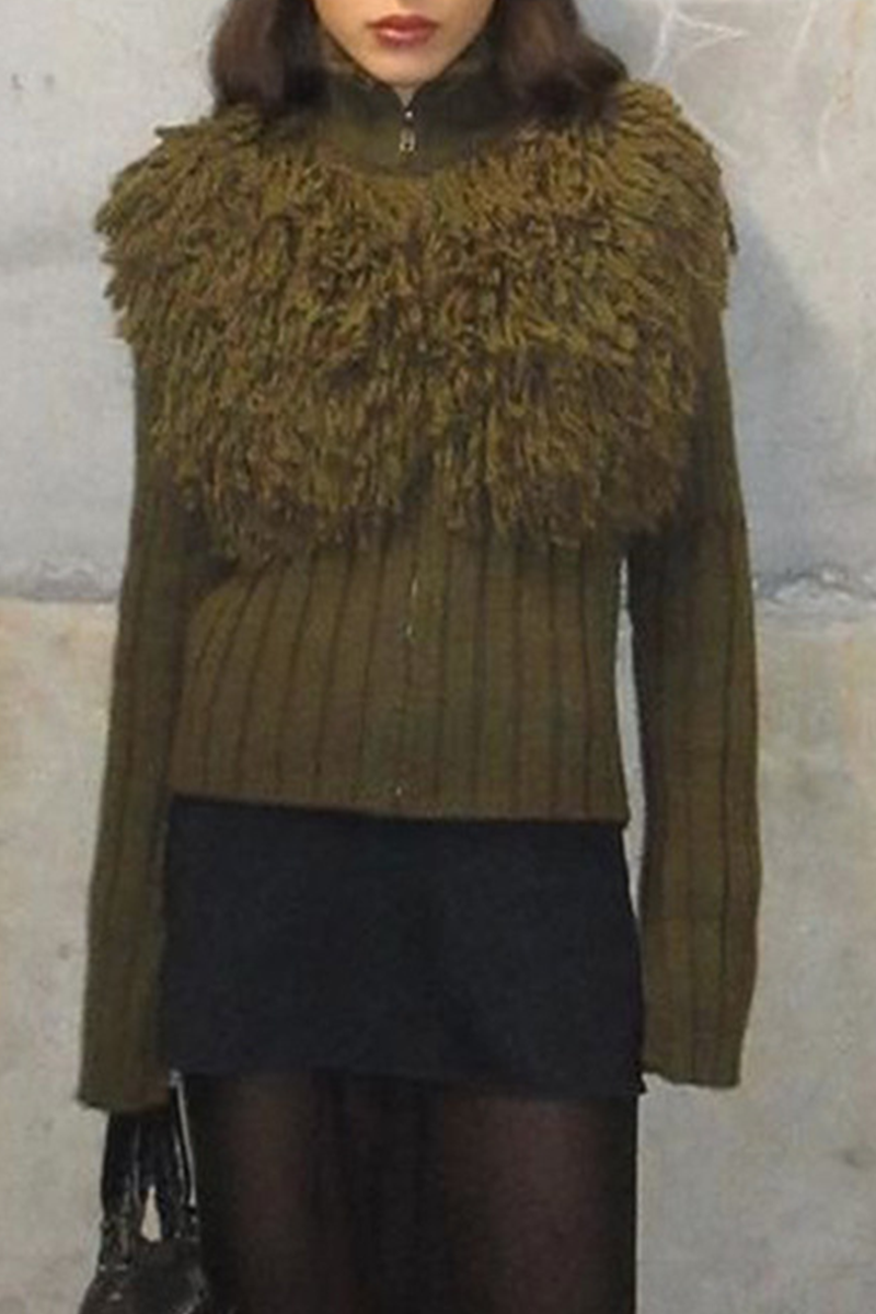 Fringed Trim Zipper Turtleneck Sweater for Effortless Style