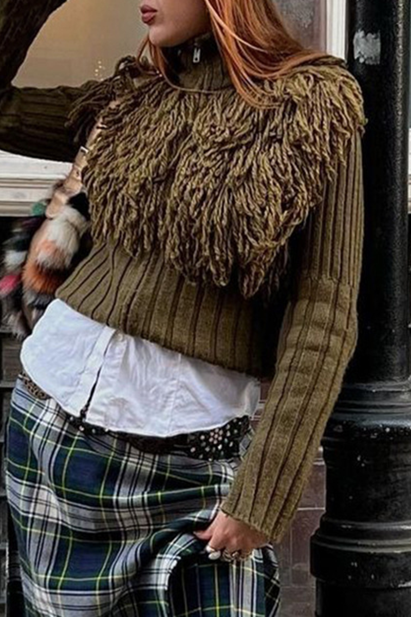 Fringed Trim Zipper Turtleneck Sweater for Effortless Style