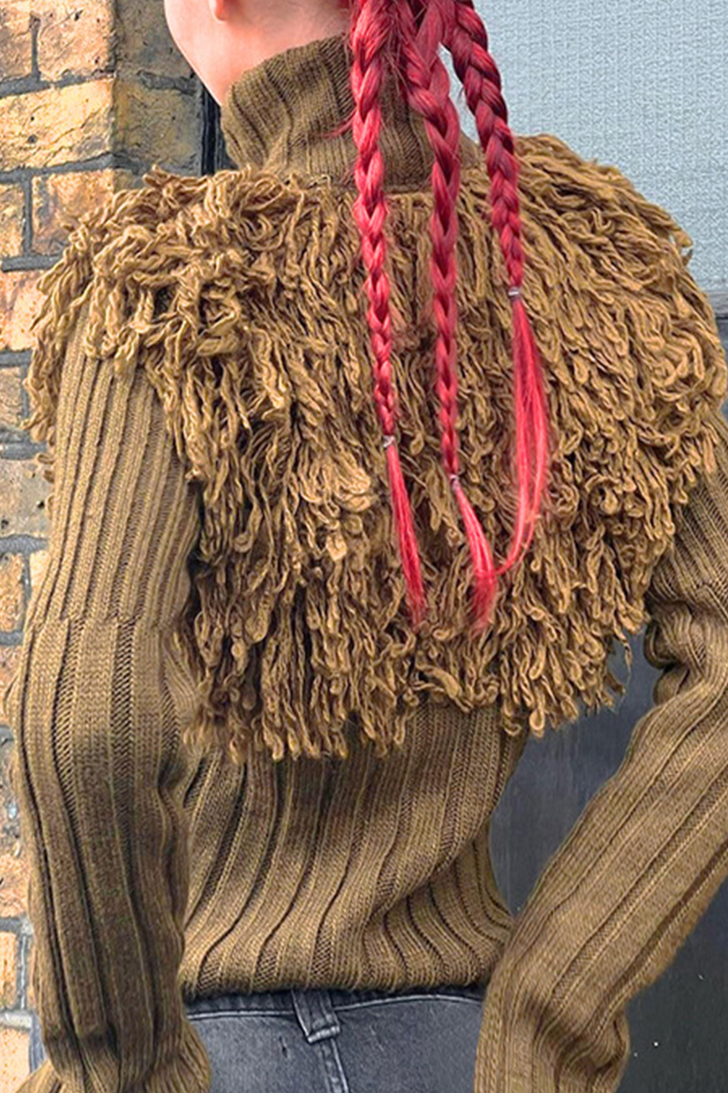Fringed Trim Zipper Turtleneck Sweater for Effortless Style