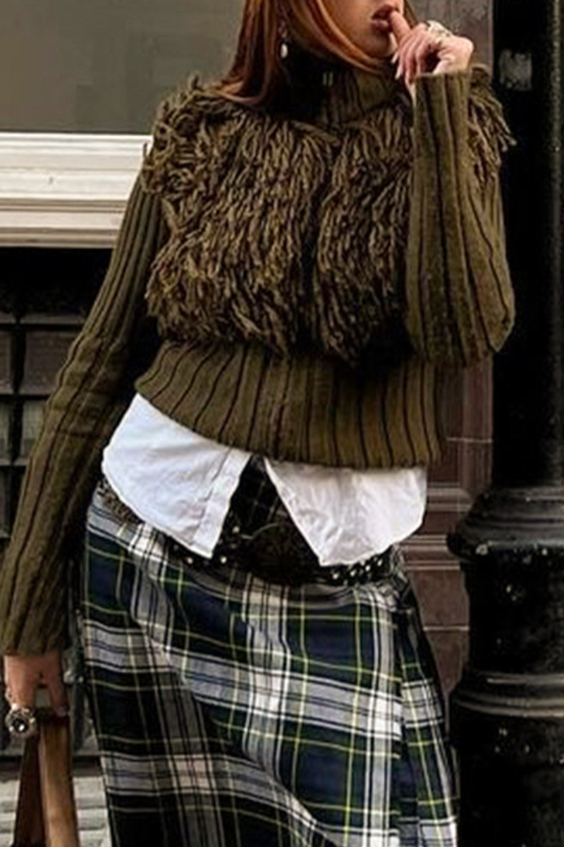 Fringed Trim Zipper Turtleneck Sweater for Effortless Style