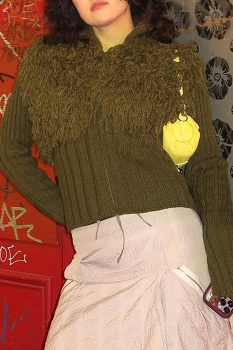Fringed Trim Zipper Turtleneck Sweater for Effortless Style