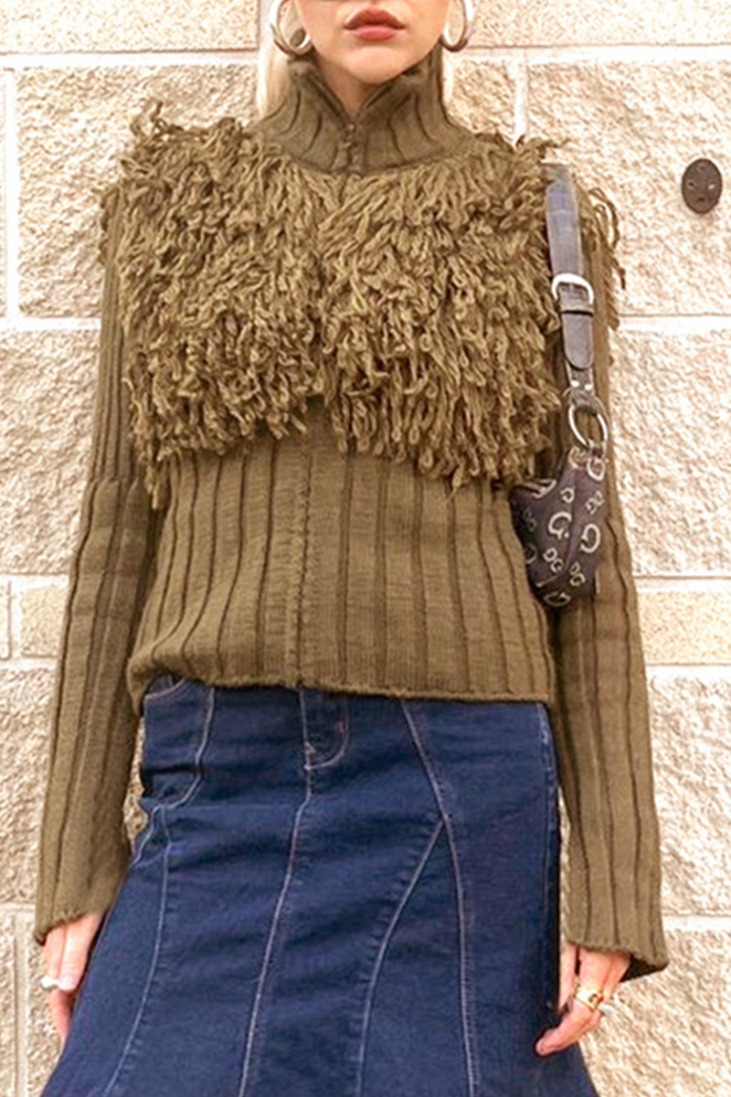 Fringed Trim Zipper Turtleneck Sweater for Effortless Style