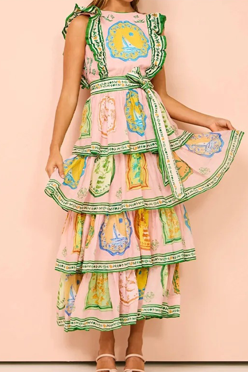 Casual Graffiti Print Lace Up Backless Ruffle O Neck Cake Skirt Dresses - Fashionpara