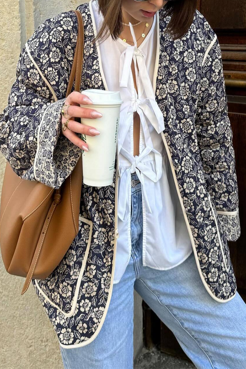 Casual V Neck Pocket Blazer with Floral Patchwork Design