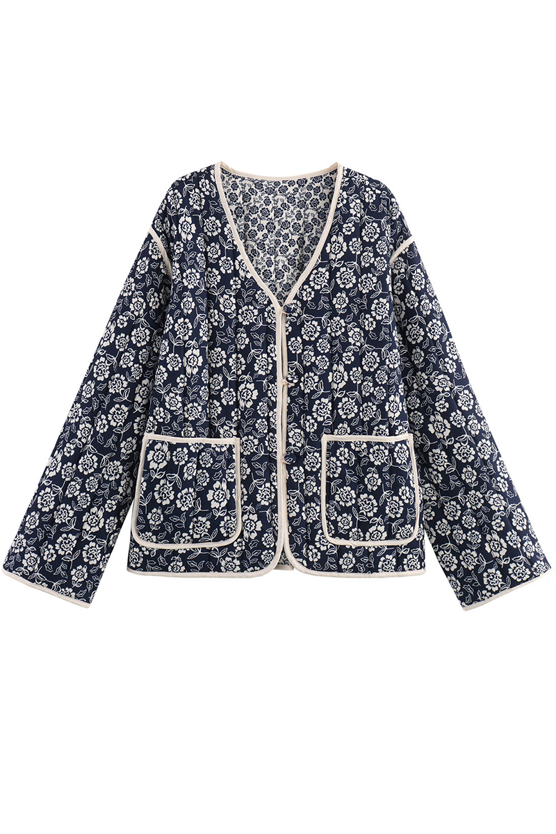 Casual V Neck Pocket Blazer with Floral Patchwork Design