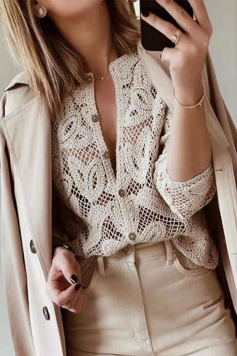 Hollow Out Distressed O Neck Knitted Jacket for Casual Style