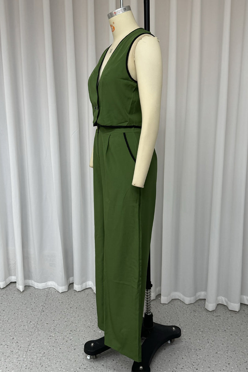 Casual Street Pocket Buttons Contrast V Neck Sleeveless Two Pieces - Fashionpara