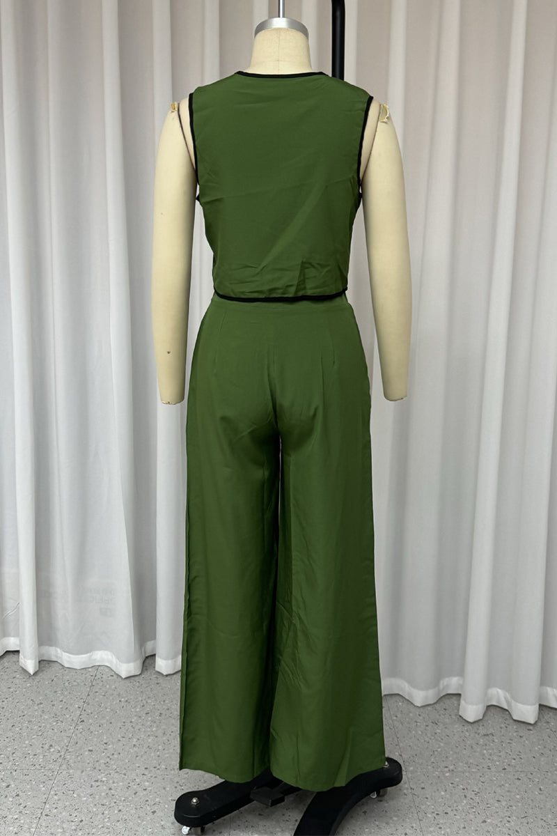 Casual Street Pocket Buttons Contrast V Neck Sleeveless Two Pieces - Fashionpara