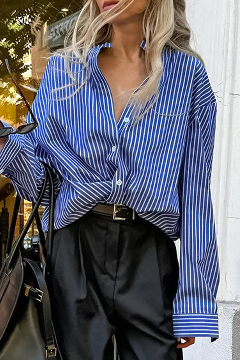 Casual Street Striped Print Buttons Turndown Collar Blouses  Fashionpara