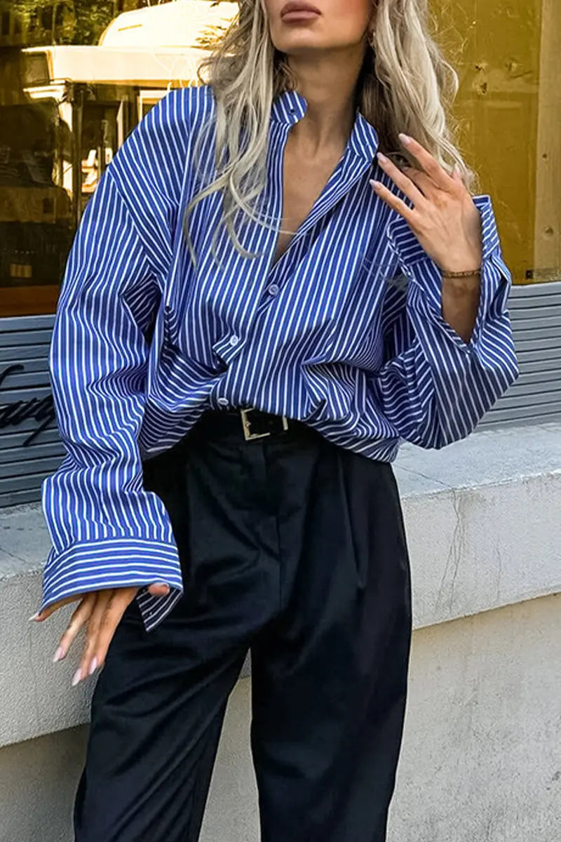 Casual Street Striped Print Buttons Turndown Collar Blouses  Fashionpara