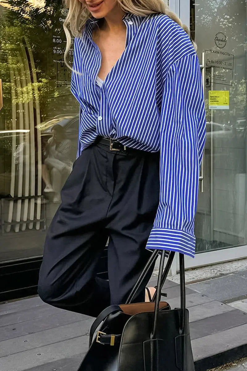 Casual Street Striped Print Buttons Turndown Collar Blouses  Fashionpara