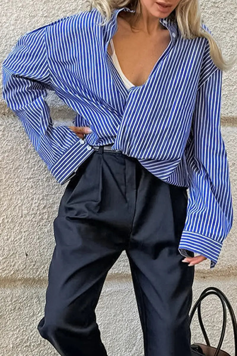 Casual Street Striped Print Buttons Turndown Collar Blouses  Fashionpara