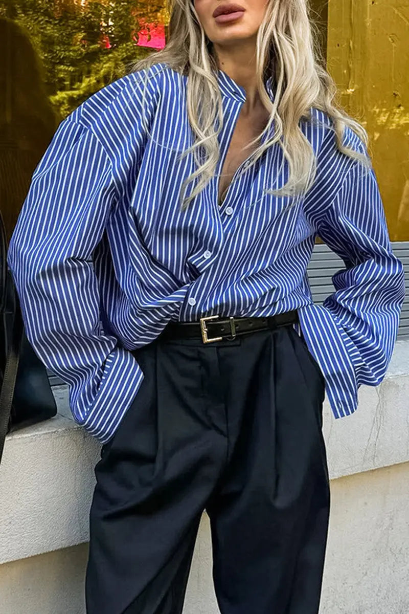 Casual Street Striped Print Buttons Turndown Collar Blouses  Fashionpara