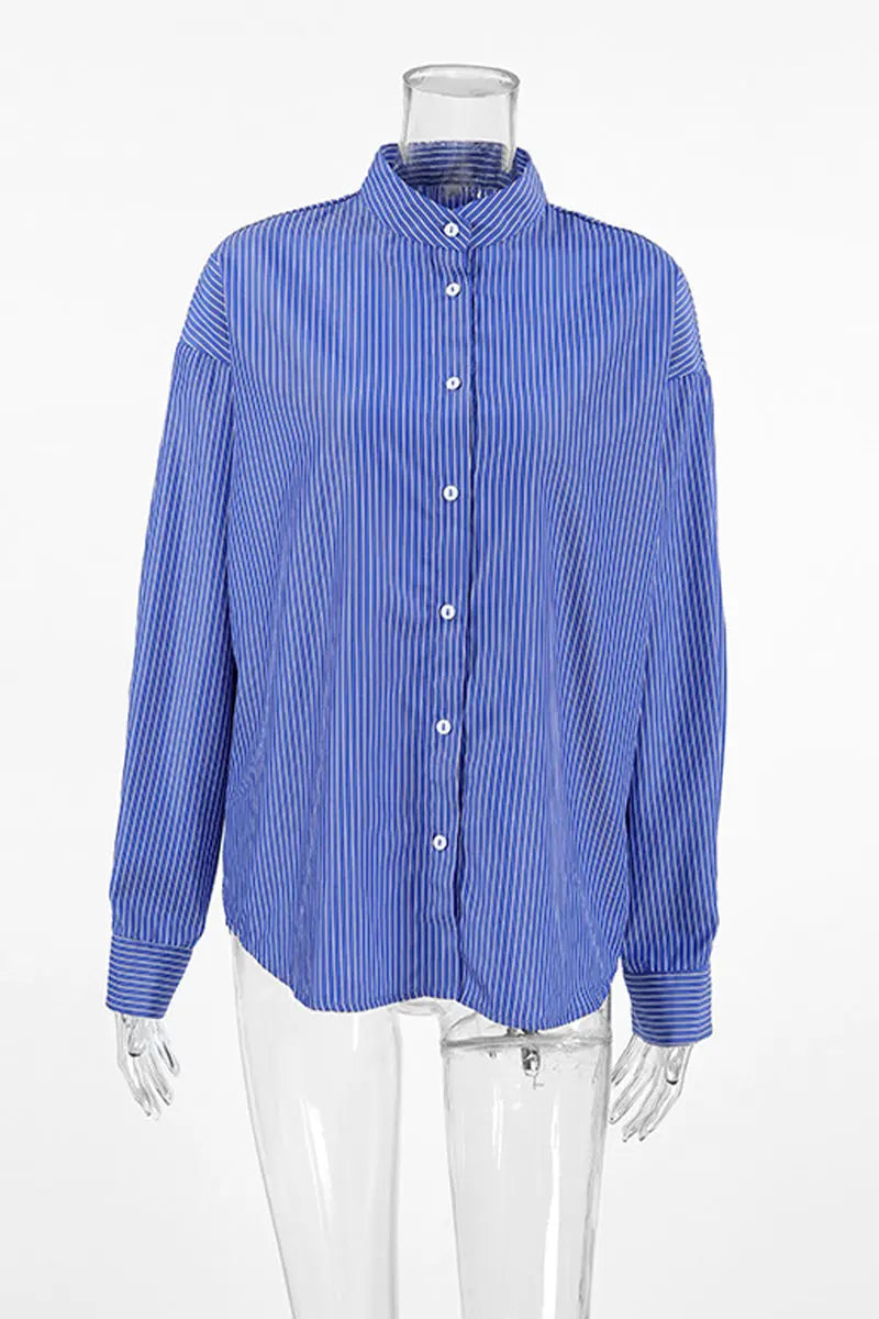 Casual Street Striped Print Buttons Turndown Collar Blouses  Fashionpara