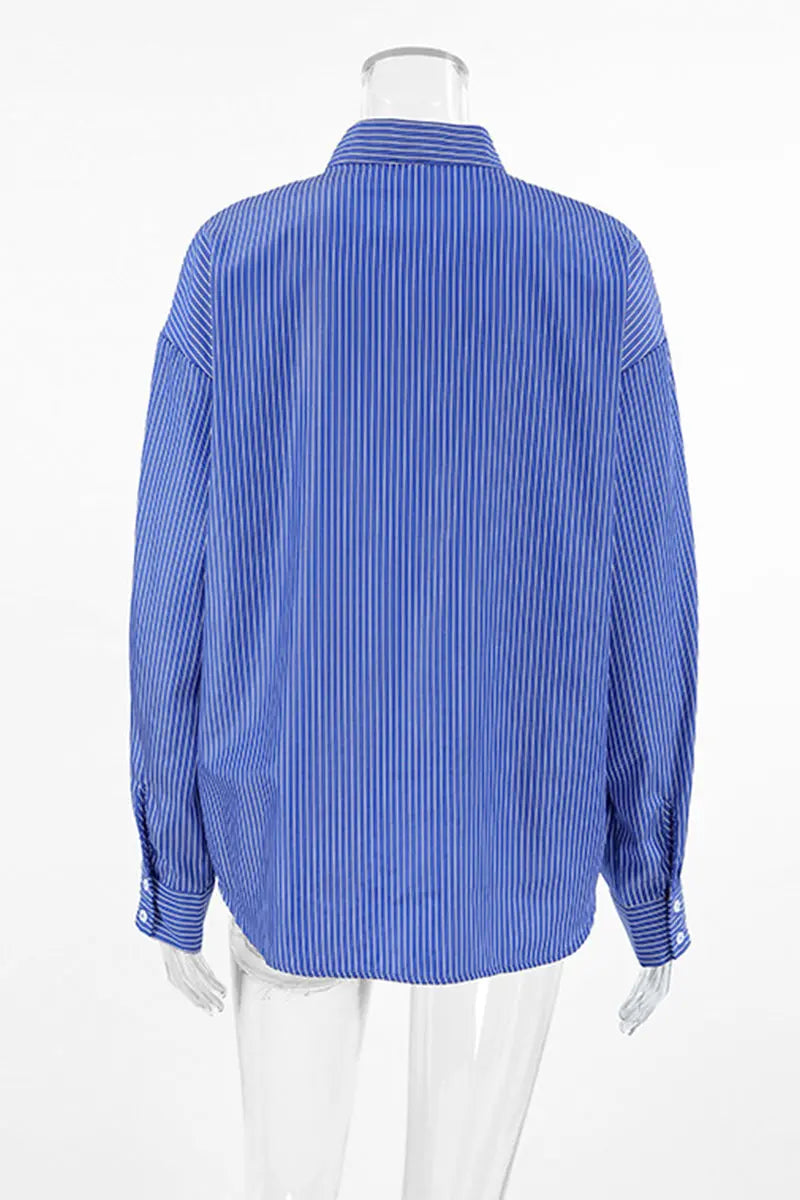 Casual Street Striped Print Buttons Turndown Collar Blouses  Fashionpara