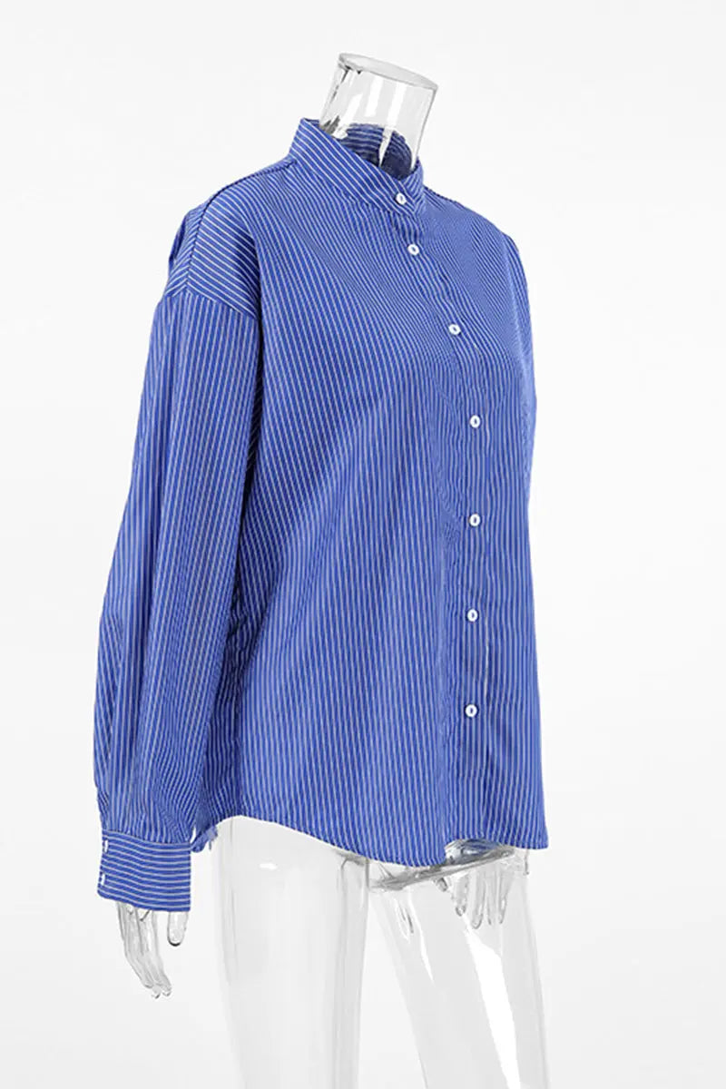 Casual Street Striped Print Buttons Turndown Collar Blouses  Fashionpara
