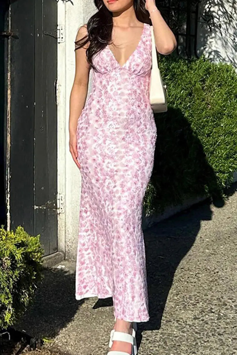 Elegant Print Patchwork Backless V Neck Long Dresses Fashionpara