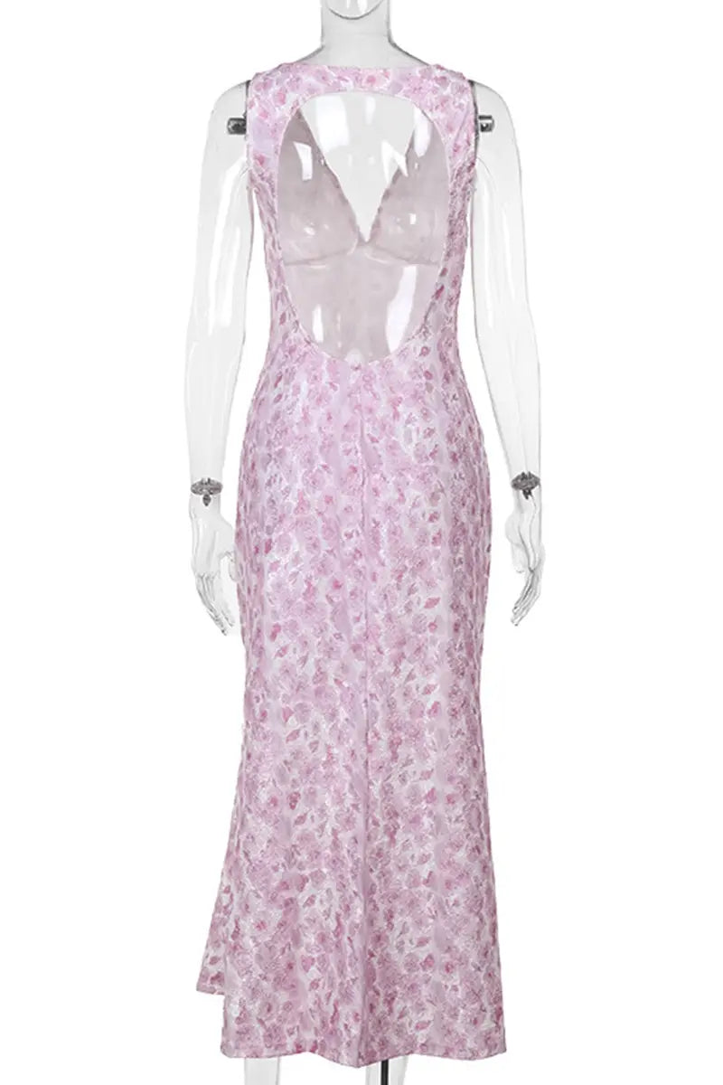 Elegant Print Patchwork Backless V Neck Long Dresses Fashionpara