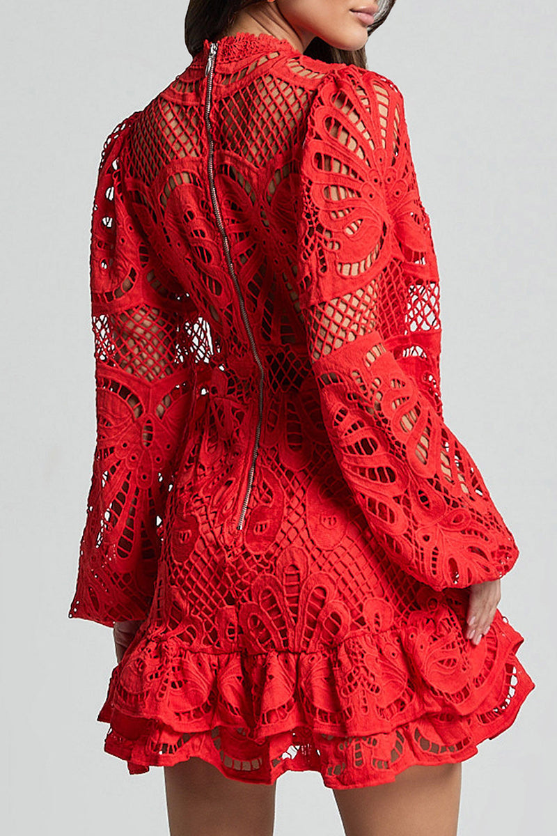 Sexy Hollow Out Ruffle Mesh Mandarin Collar Lace Dress Dresses(5 Colors) - Fashionpara