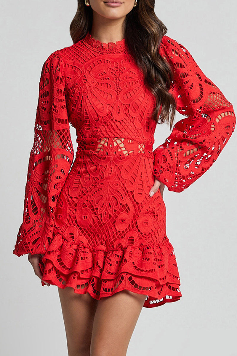 Sexy Hollow Out Ruffle Mesh Mandarin Collar Lace Dress Dresses(5 Colors) - Fashionpara