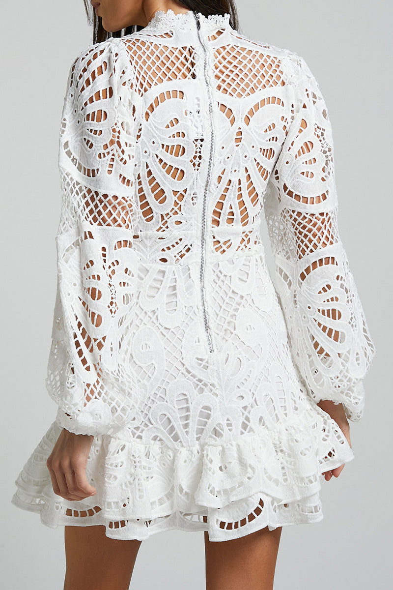 Sexy Hollow Out Ruffle Mesh Mandarin Collar Lace Dress Dresses(5 Colors) - Fashionpara