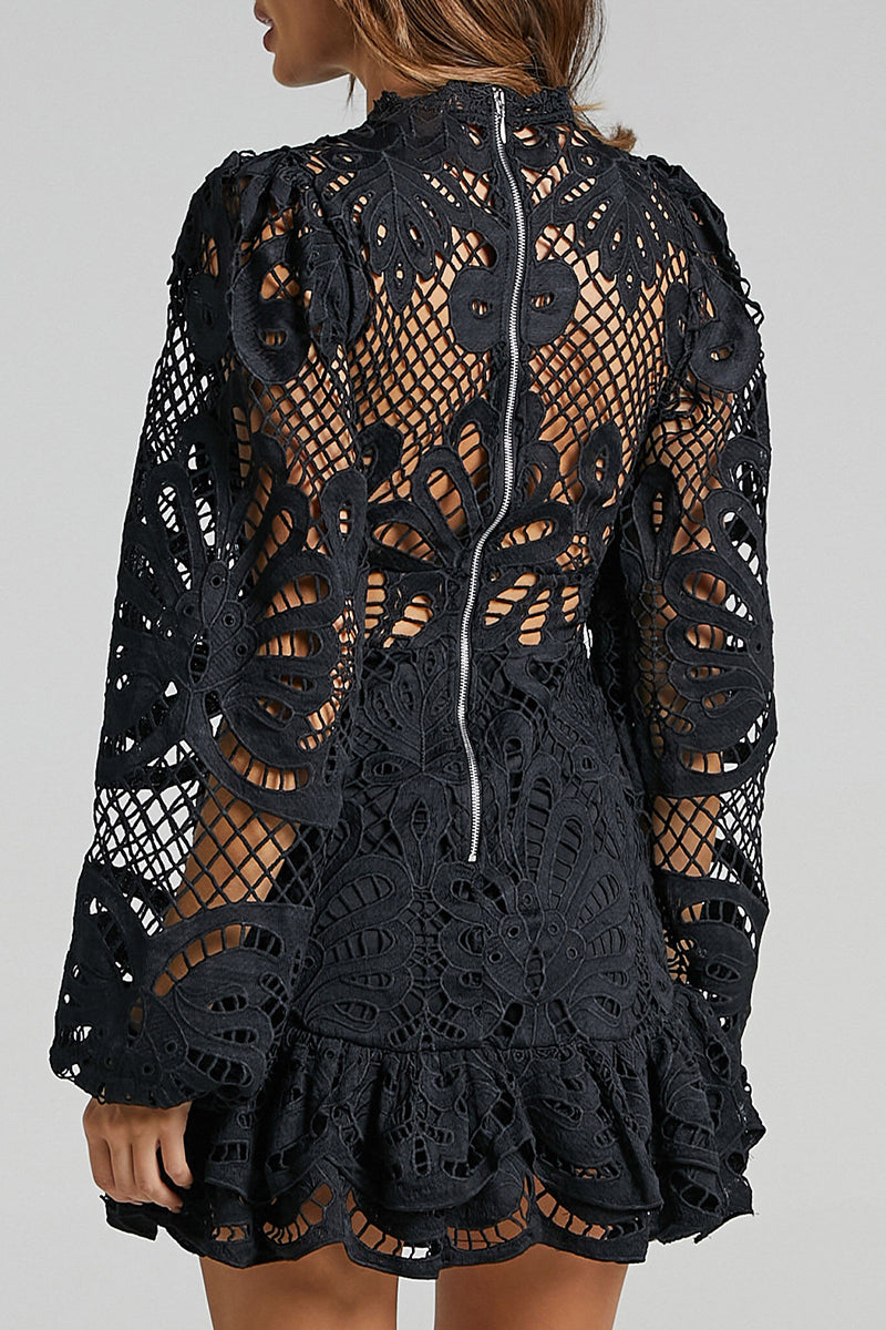 Sexy Hollow Out Ruffle Mesh Mandarin Collar Lace Dress Dresses(5 Colors) - Fashionpara