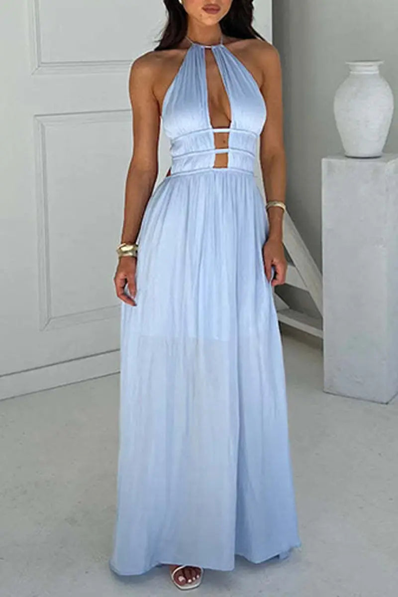 Casual Vacation Hollow Out Backless Halter Long Dresses Fashionpara