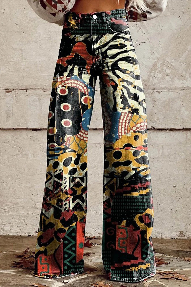 Casual Street Geometric Print Animal Print Flowers Buttons Contrast Loose High Waist Wide Leg Full Print Bottoms(10 Colors) - Fashionpara