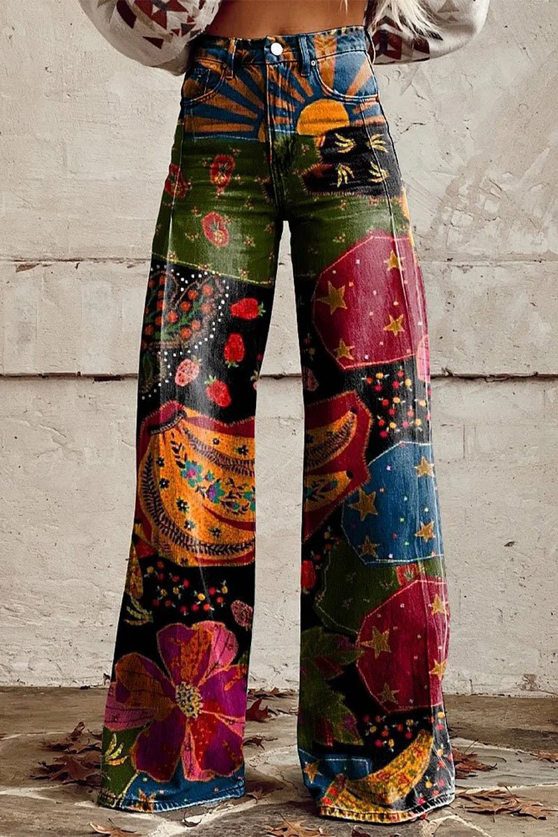 Casual Street Geometric Print Animal Print Flowers Buttons Contrast Loose High Waist Wide Leg Full Print Bottoms(10 Colors) - Fashionpara