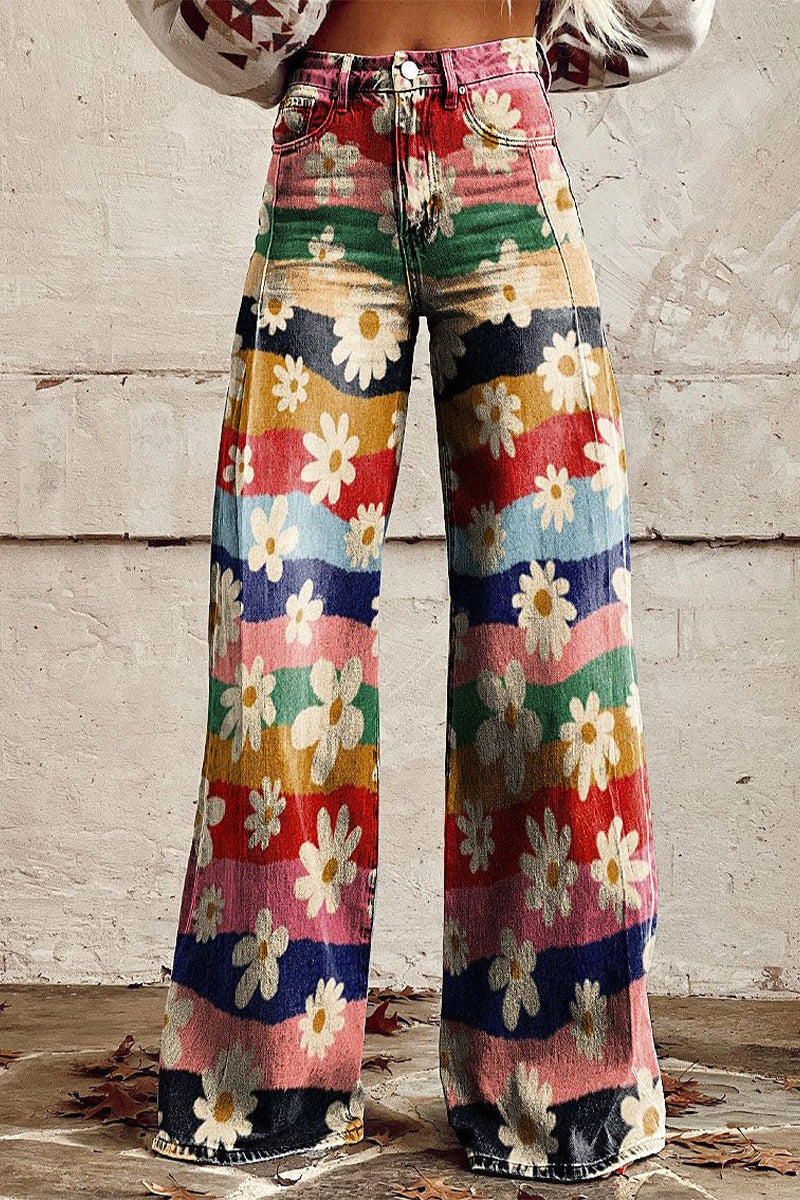 Casual Street Geometric Print Animal Print Flowers Buttons Contrast Loose High Waist Wide Leg Full Print Bottoms(10 Colors) - Fashionpara