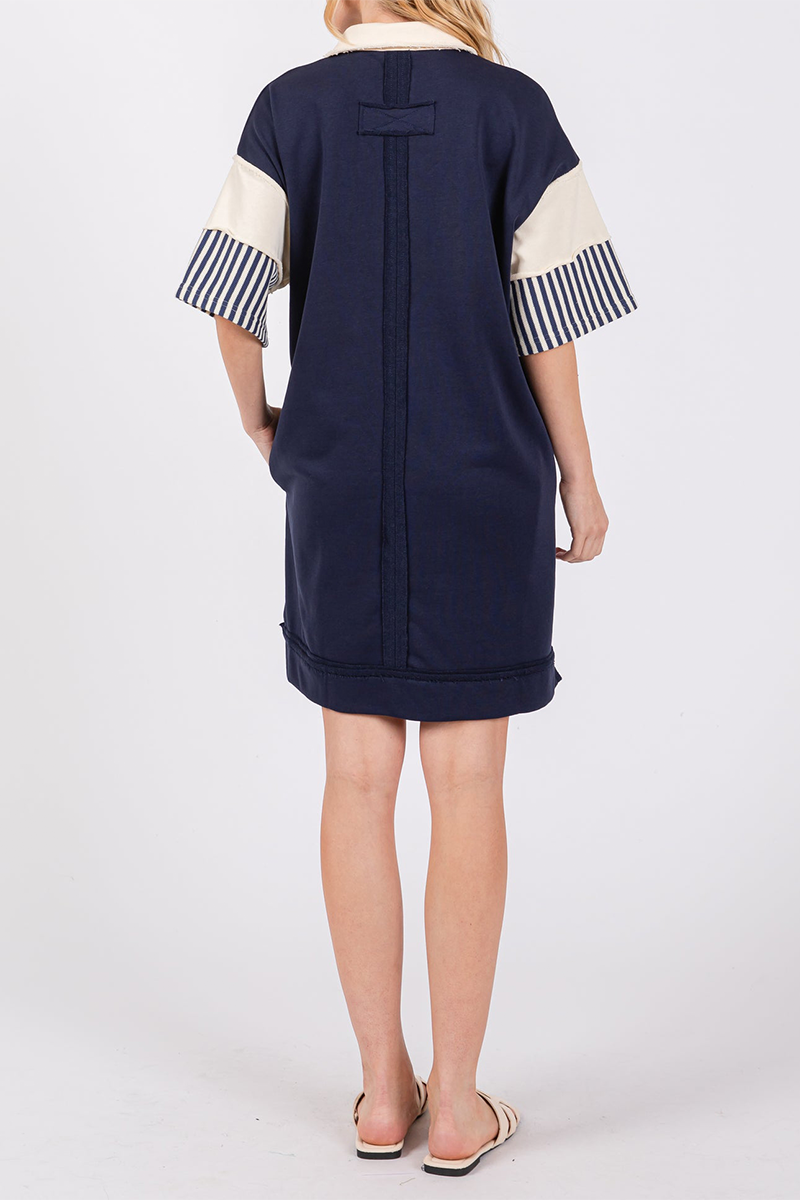 Casual Stripe Pocket Patchwork Turndown Collar Short Sleeve Short Sleeve Dress(5 Colors) - Fashionpara