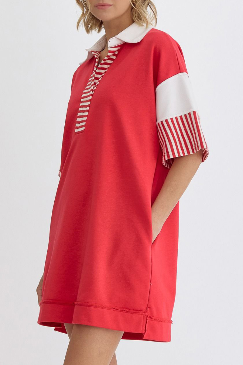 Casual Stripe Pocket Patchwork Turndown Collar Short Sleeve Short Sleeve Dress(5 Colors) - Fashionpara