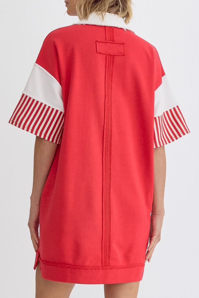 Casual Stripe Pocket Patchwork Turndown Collar Short Sleeve Short Sleeve Dress(5 Colors) - Fashionpara