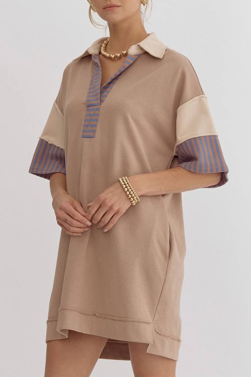 Casual Stripe Pocket Patchwork Turndown Collar Short Sleeve Short Sleeve Dress(5 Colors) - Fashionpara