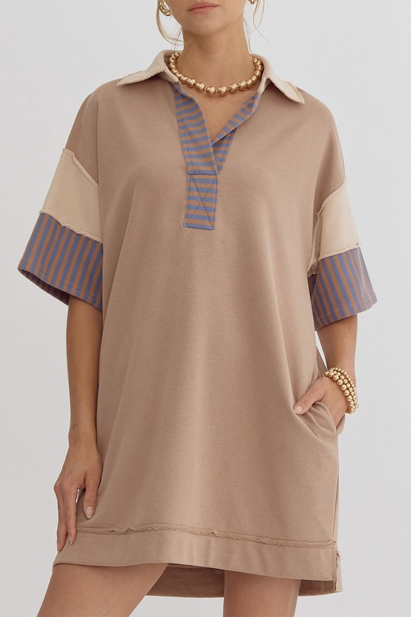 Casual Stripe Pocket Patchwork Turndown Collar Short Sleeve Short Sleeve Dress(5 Colors) - Fashionpara