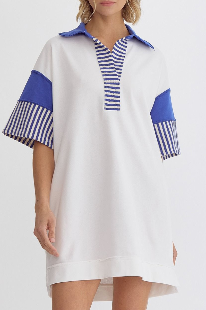 Casual Stripe Pocket Patchwork Turndown Collar Short Sleeve Short Sleeve Dress(5 Colors) - Fashionpara